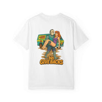 White Jason Voorhees T-shirt with Scooby Doo mystery print and "No Give Backs" text on back