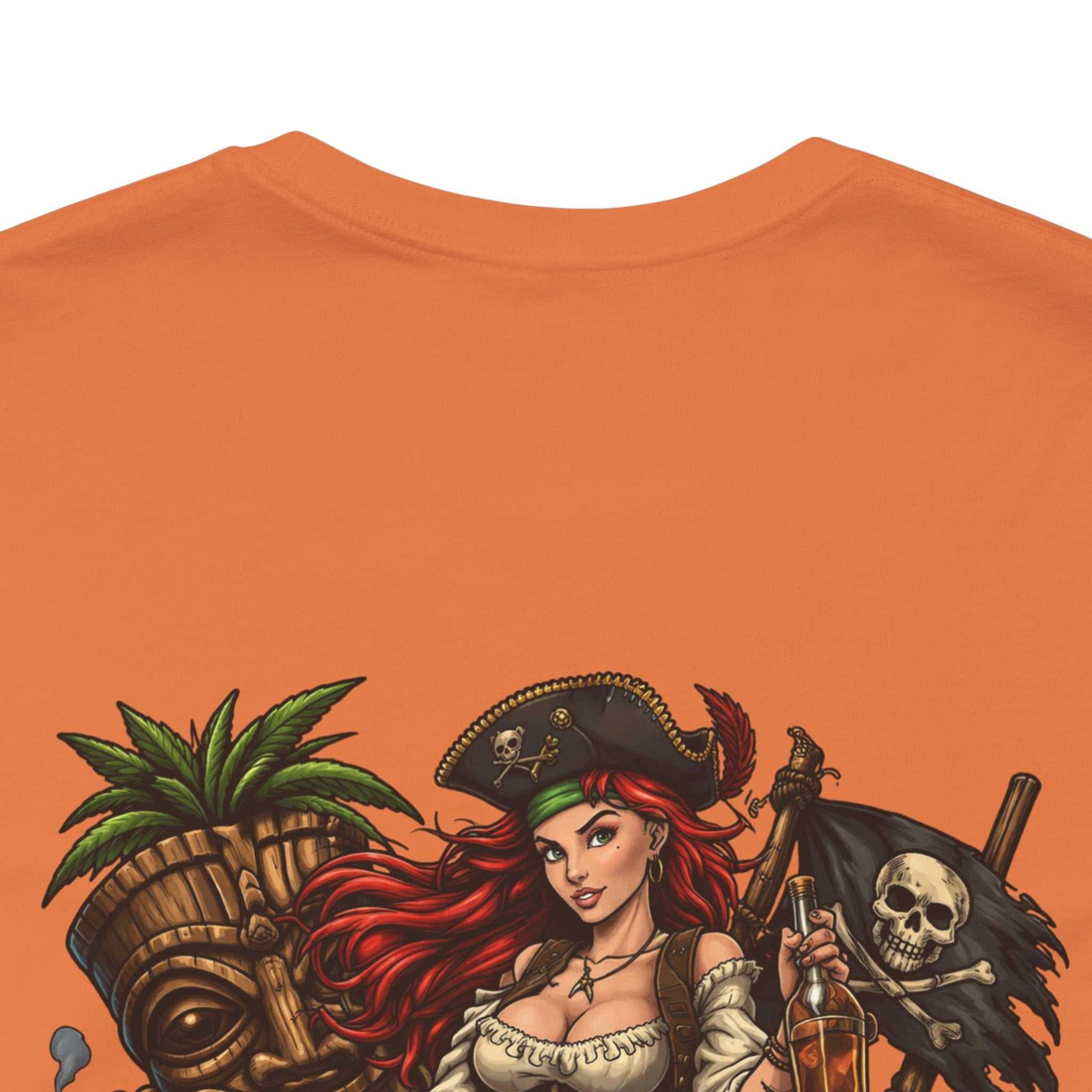 Rum Runs Deep pirate pinup T-shirt with vibrant tropical pirate design on breathable cotton