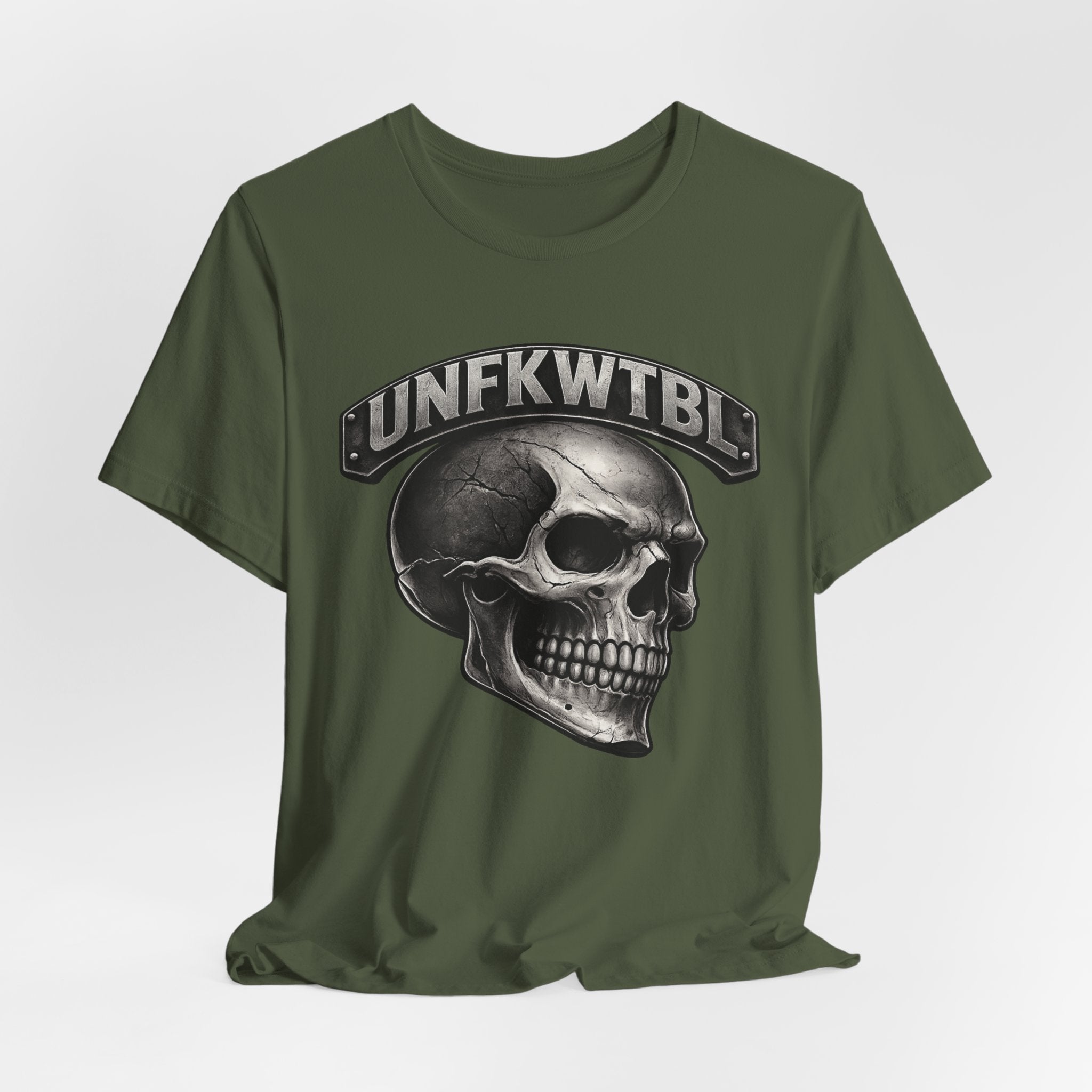 Skull Graphic Tee with 'UNFKWTBL' Banner — Gothic Skull T-Shirt