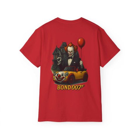 Red Pennywise clown tee with red balloon and clown car design, classic fit unisex shirt