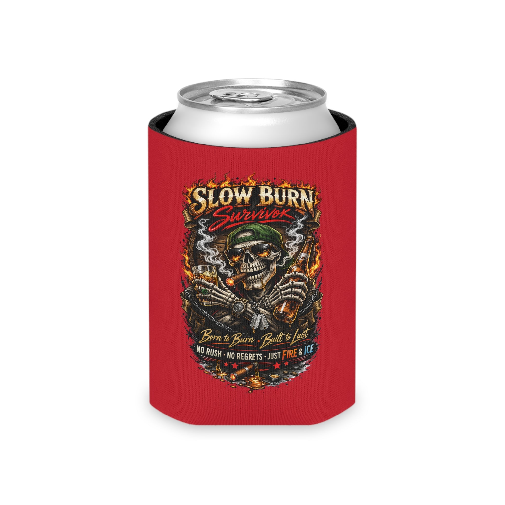 Can Cooler - "Stay Cold" Skeleton Beer Koozie (Slow Burn Survivor Vintage Skull Design)