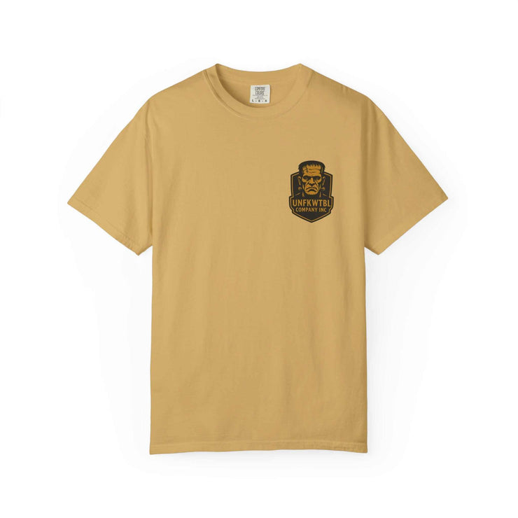 Vintage Frankenstein T-shirt in mustard yellow with classic monster graphic and uniisex garment-dyed cotton design