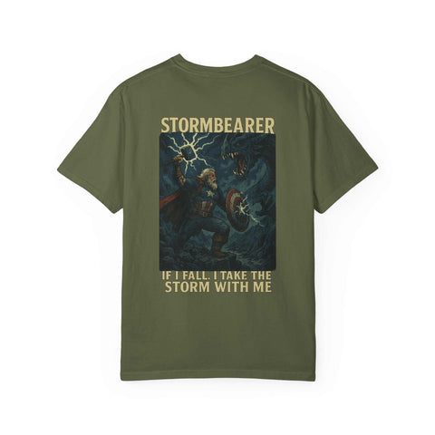 Epic Stormbearer unisex t-shirt with fantasy graphic of warrior and dragon, casual garment-dyed cotton tee for gamers and comic con fans