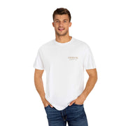 Medusa Beauty unisex white T-shirt with small chest logo, worn by male model