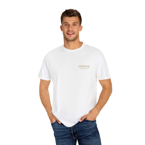 Medusa Beauty unisex white T-shirt with small chest logo, worn by male model