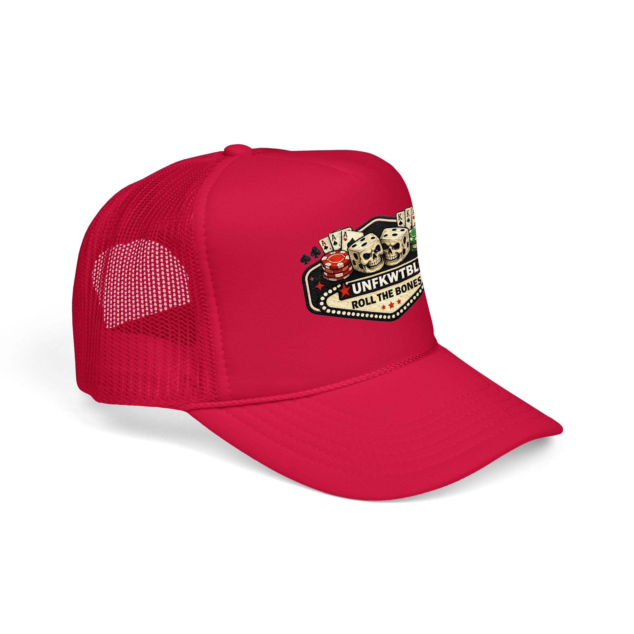 Roll the Bones Trucker Hat — Skull & Dice Poker Foam Cap