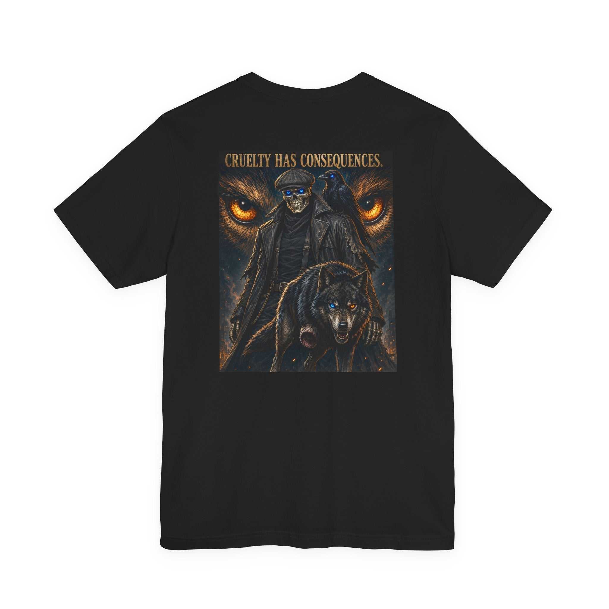 Skull & Wolf T-Shirt with skull motif front and wolf graphic back featuring "Cruelty Has Consequences" text on gothic animal rights tee