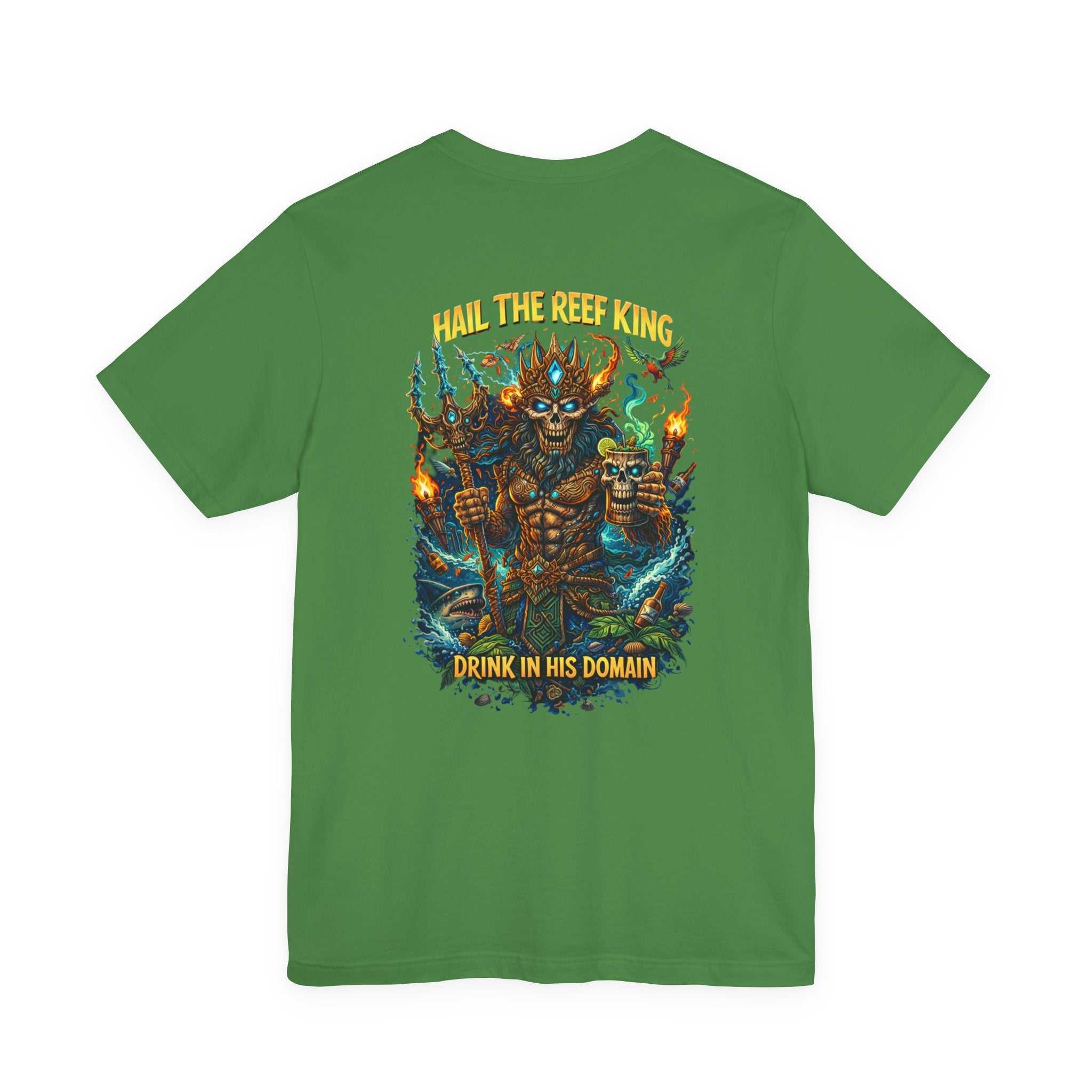 Hail the Reef King T-shirt featuring oceanic fantasy reef king graphic with trident and coral reef design on soft cotton tee