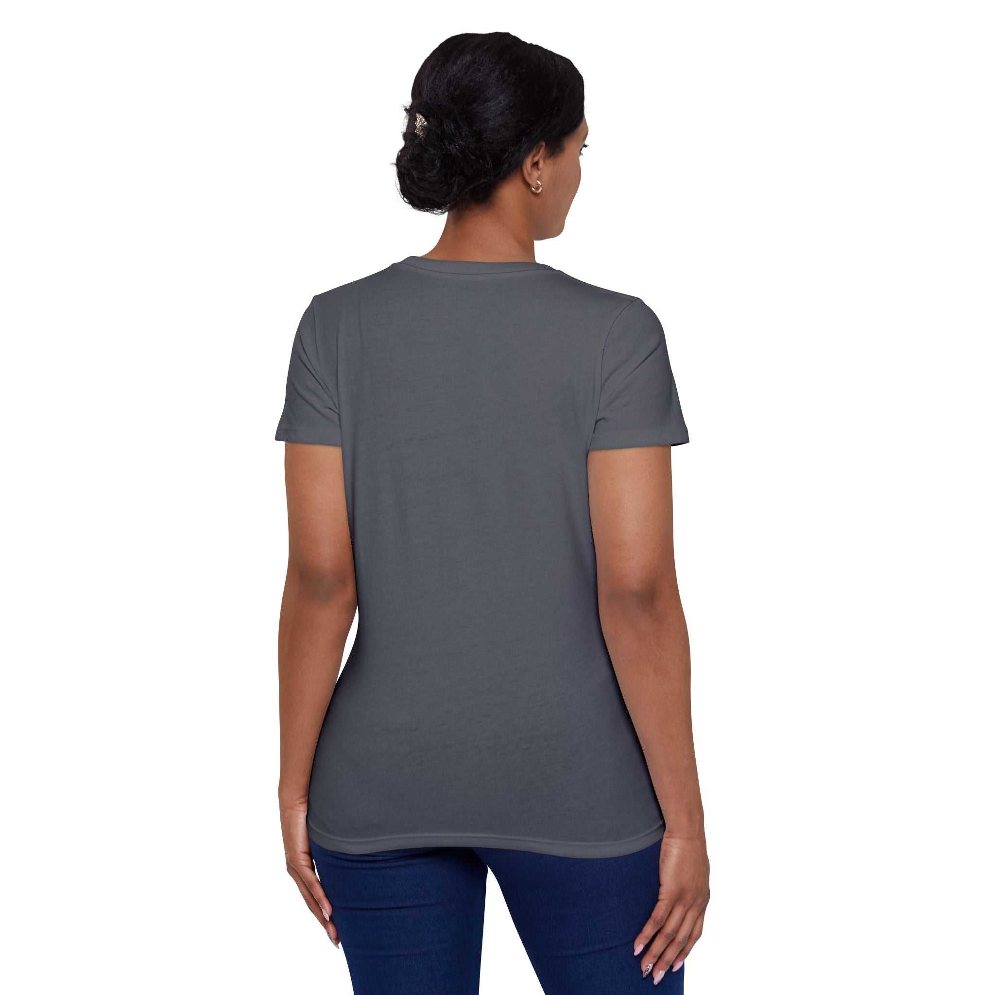 Back view of a woman wearing a gray Women's Organic T-Shirt made of 100% organic cotton with short sleeves and a ribbed collar
