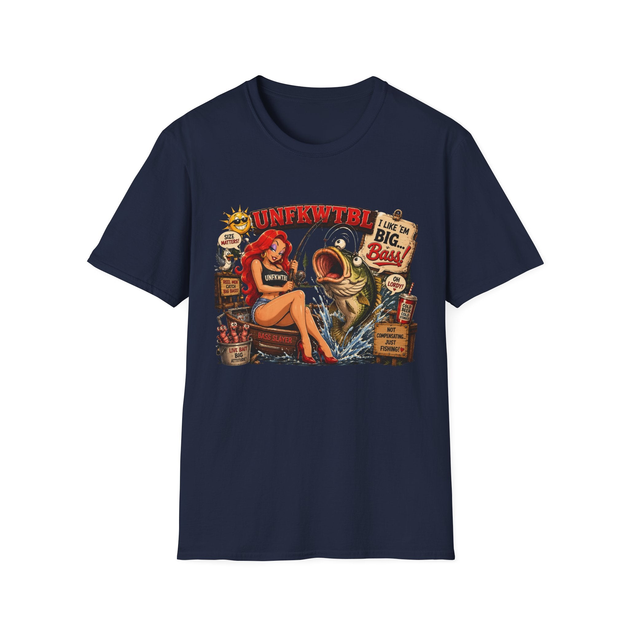 Fishing Pin-Up T-Shirt — "I Like 'Em Big, Baby" Retro Bass Graphic