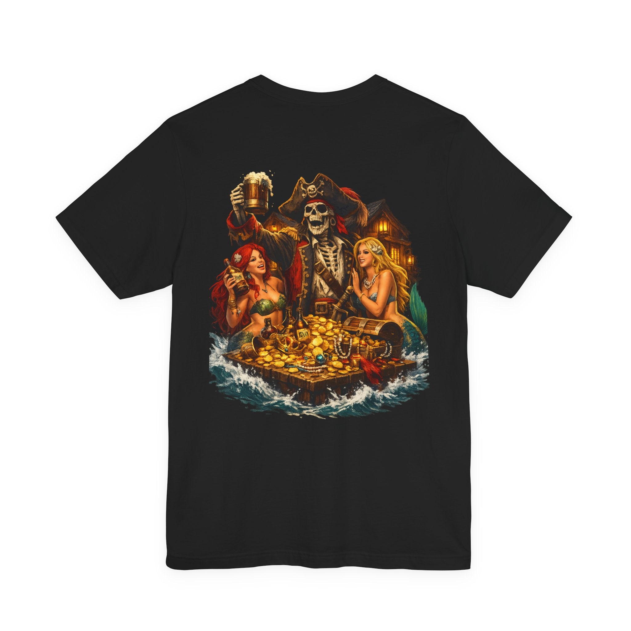 Pirate Skull Treasure Tee — Skeleton Captain, Mermaids & Gold Chest Graphic T-Shirt