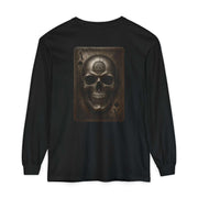 Black long sleeve t-shirt with vintage Celtic skull logo on back, unisex heritage design