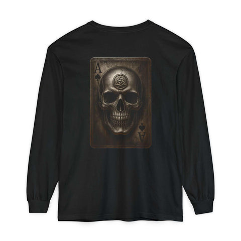 Black long sleeve t-shirt with vintage Celtic skull logo on back, unisex heritage design