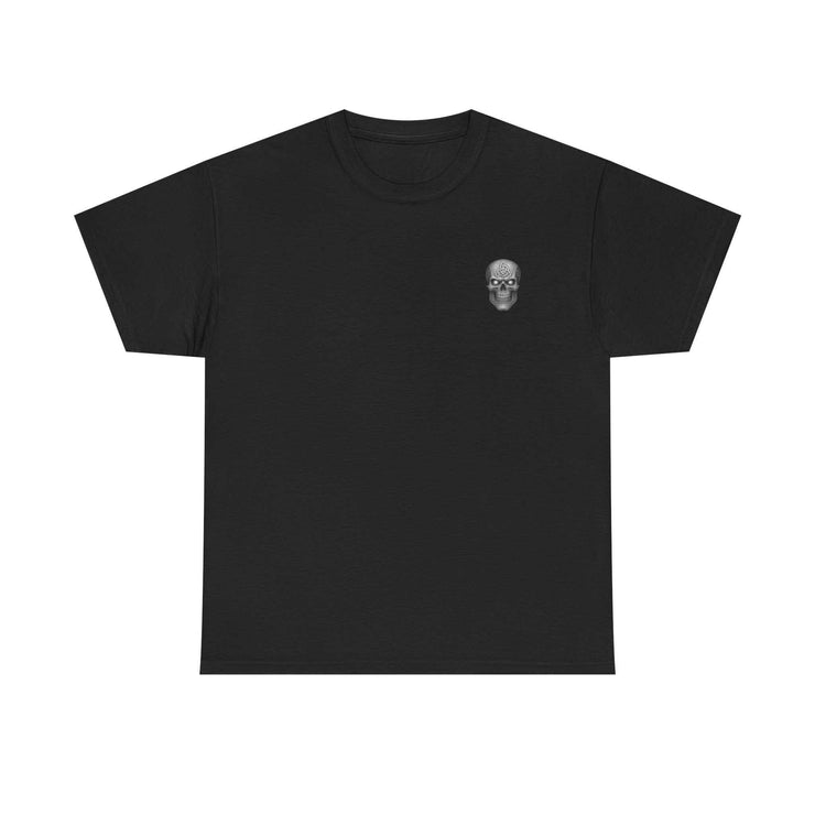 Black T-shirt with small skull and sword design symbolizing honor, strength, and courage