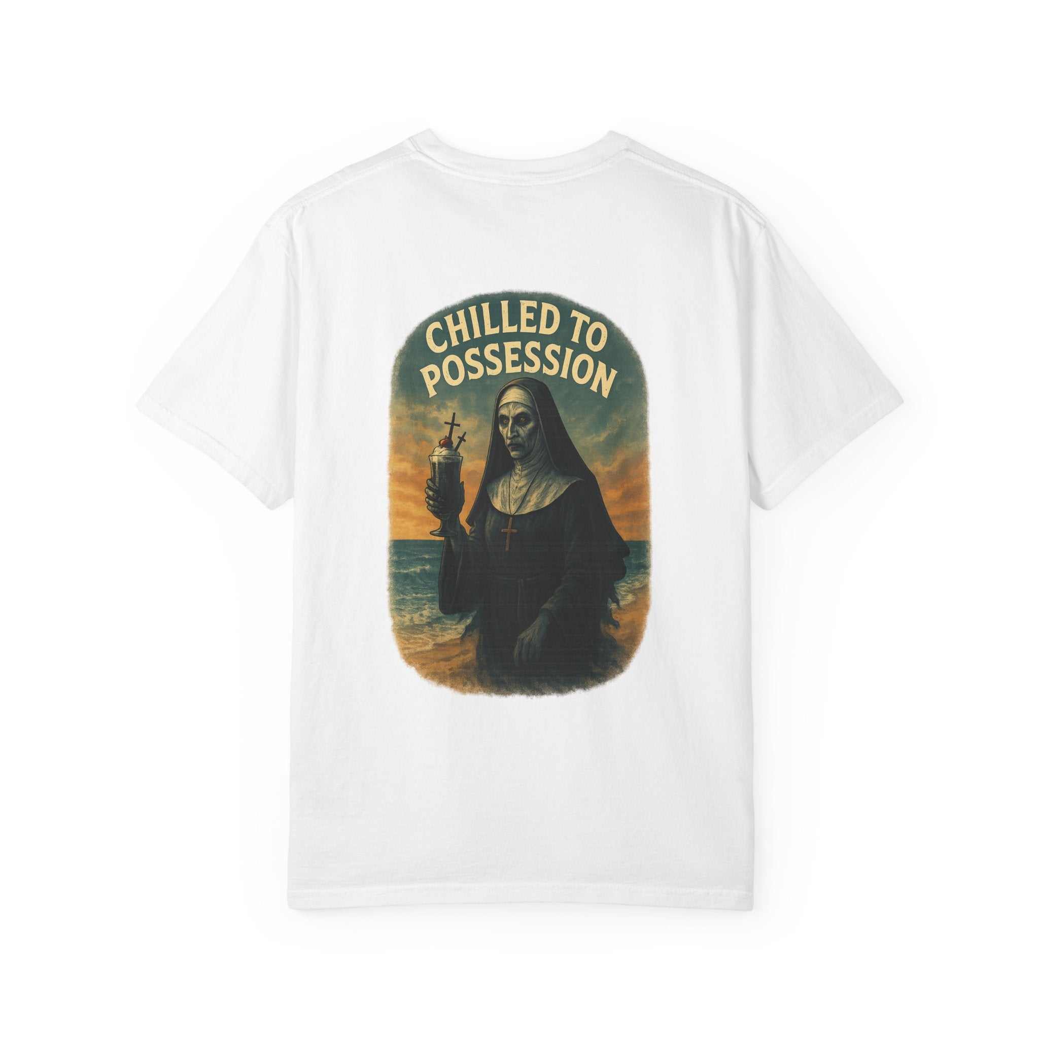 White unisex vintage T-shirt featuring THE NUN Chilled to Possession horror graphic print on back