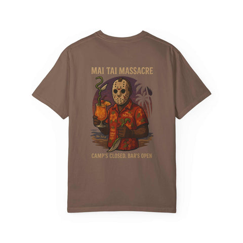 Mai Tai Massacre Jason Voorhees Graphic Tee, Vintage Summer T-shirt, Unisex Beach Shirt, Retro Campfire Apparel, Fun Gift for Outdoor Lovers