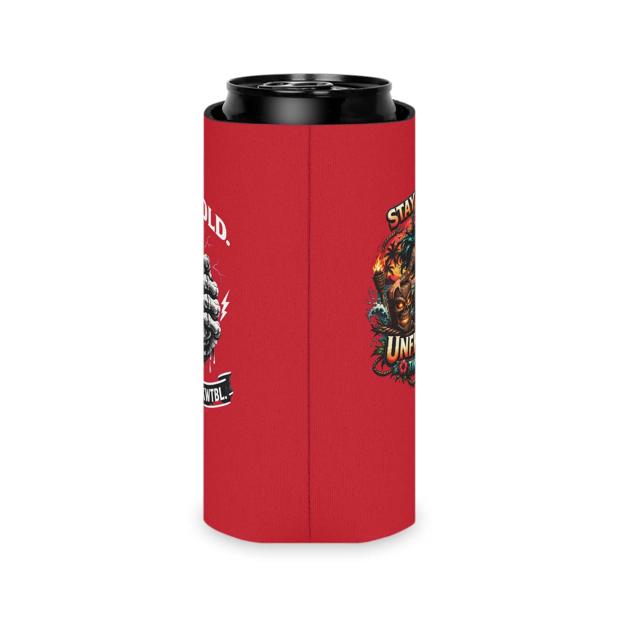 Stay Salty Tiki Can Cooler — "Stay Cold, Remain UNFKWTBL" Retro Beach Beer Koozie