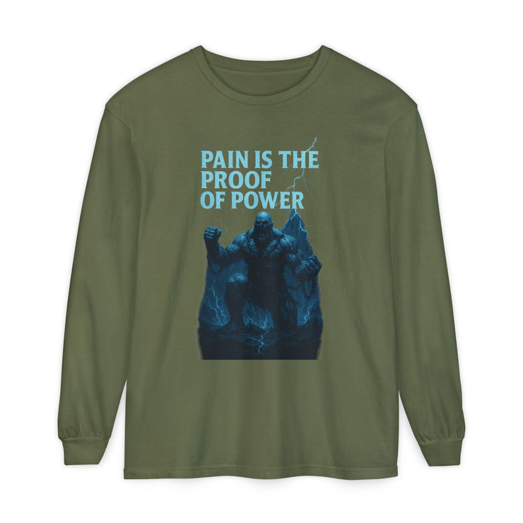 Unisex Long Sleeve T-Shirt, Pain is the Proof of Power Tee for Gym, Fitness, Motivational Quote, Gift for Him or Her, Casual Wear