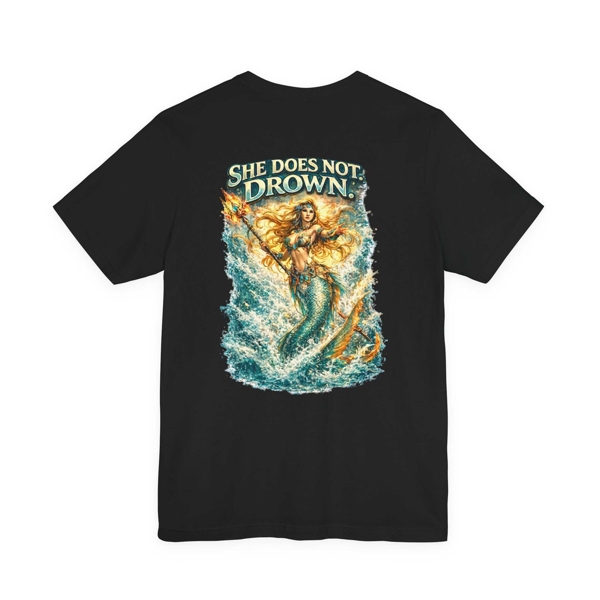 She Does Not Drown mermaid graphic tee with ocean goddess design and bold back print