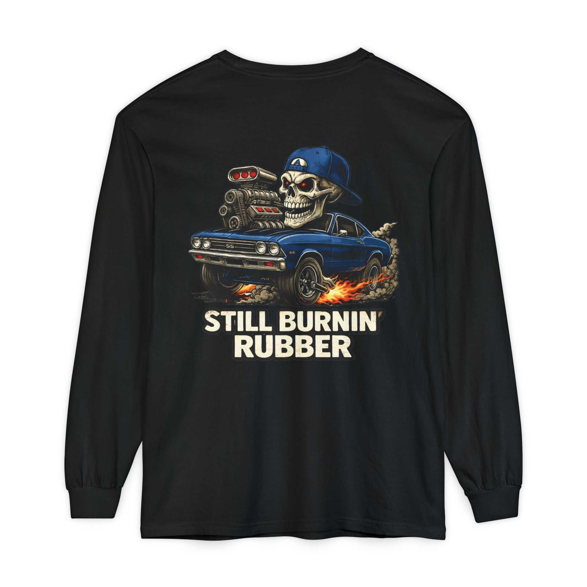 Still Burnin' Rubber Long Sleeve Tee — Retro Skull Muscle Car Graphic