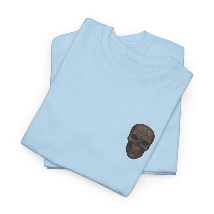 Light blue unisex tee featuring a dark Medusa Wonder Woman skull design on the chest.