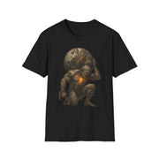 Black unisex softstyle t-shirt featuring a bold graphic of Atlas carrying the cracked Earth with glowing orange details.