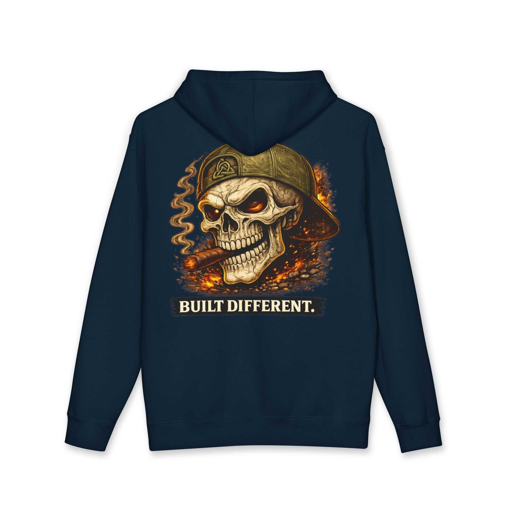 Skull Cigar Hoodie with bold skull and cigar graphic on muted camo streetwear pullover