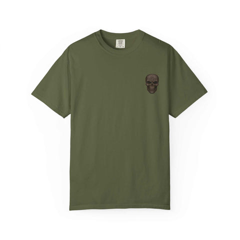 Savage Spirit Graphic T-Shirt in olive green with skull design, unisex vintage style casual tee made from ethically sourced cotton.