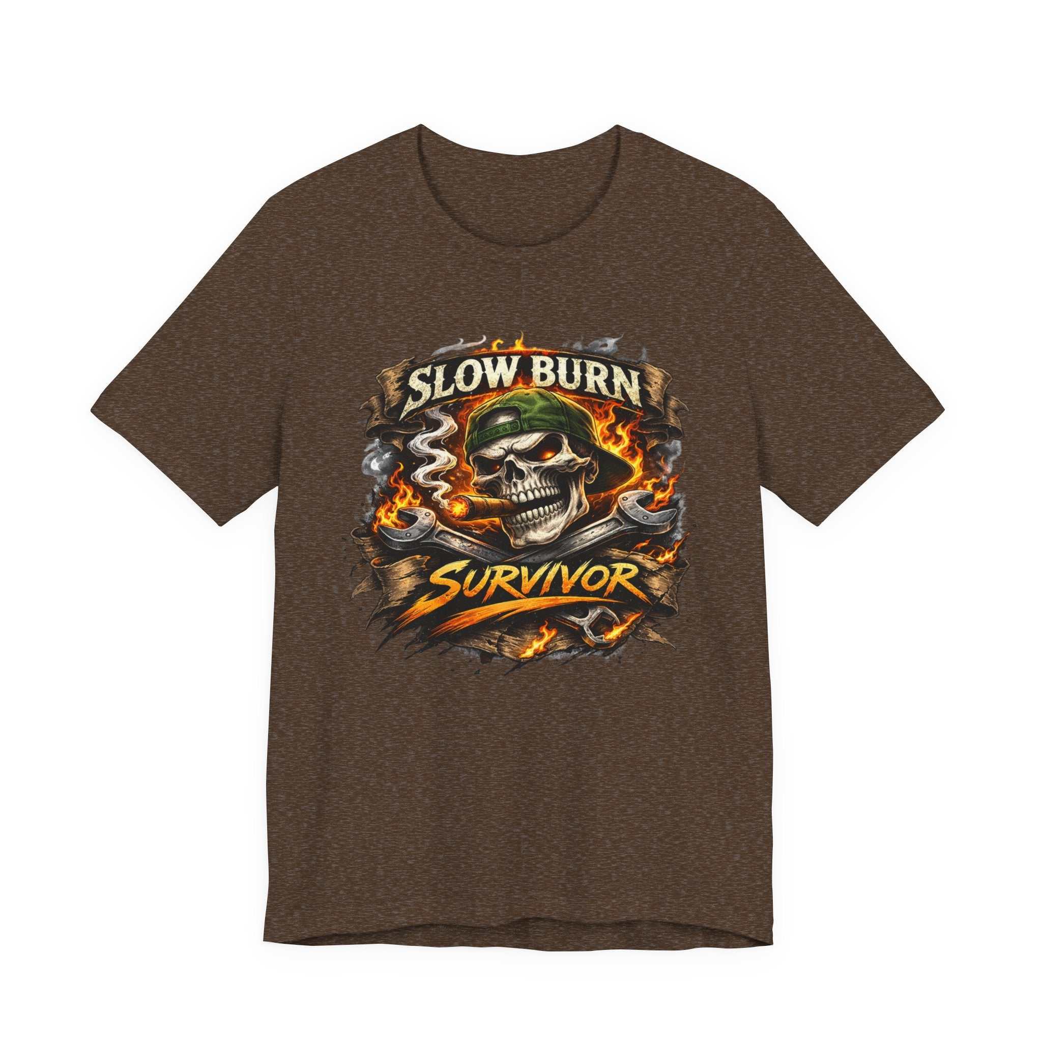 Slow Burn Survivor T‑Shirt — Skull Flame Vintage Motorcycle Tee