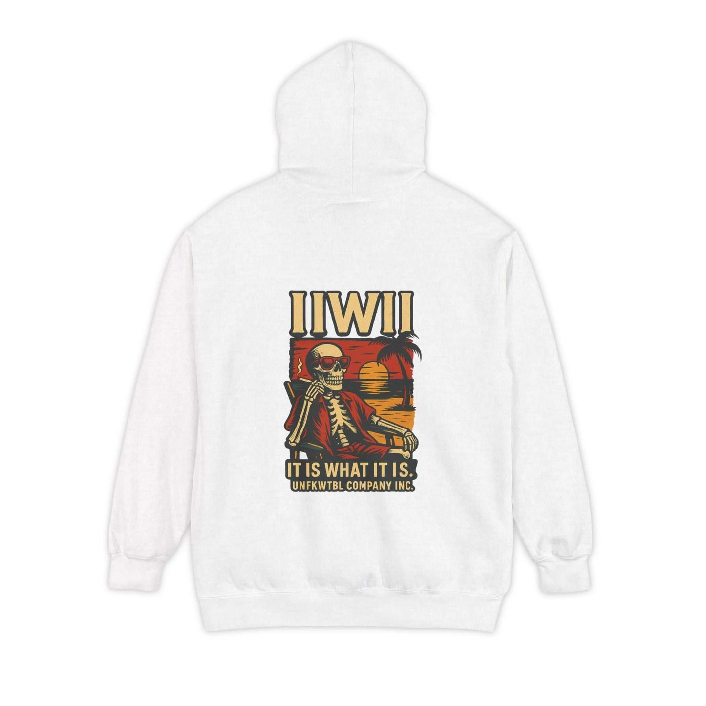 White garment-dyed hoodie with skeleton and sunset graphic, unisex comfortable casual wear