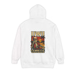 White garment-dyed hoodie with skeleton and sunset graphic, unisex comfortable casual wear