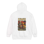White garment-dyed hoodie with skeleton and sunset graphic, unisex comfortable casual wear