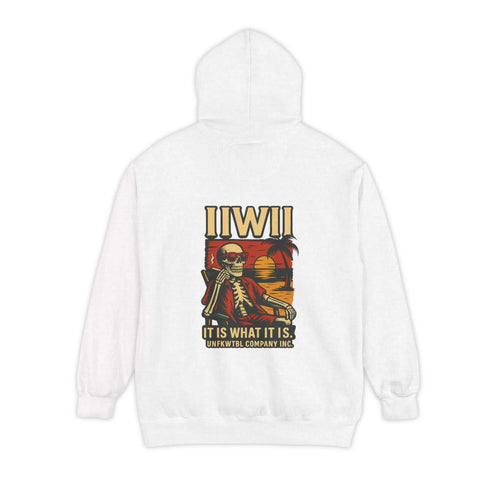 White garment-dyed hoodie with skeleton and sunset graphic, unisex comfortable casual wear