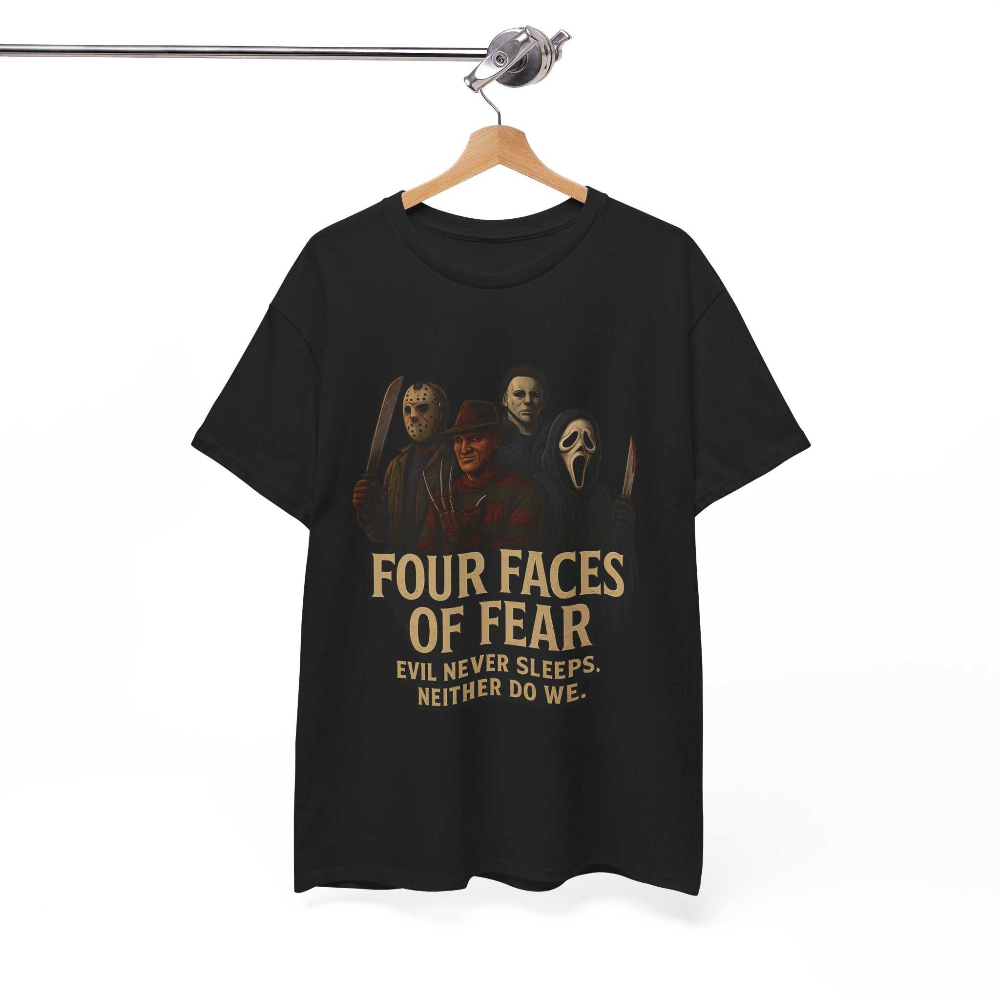 Horror Villains Tee featuring Michael, Freddy, Jason, and Ghostface faces on a unisex black T-shirt