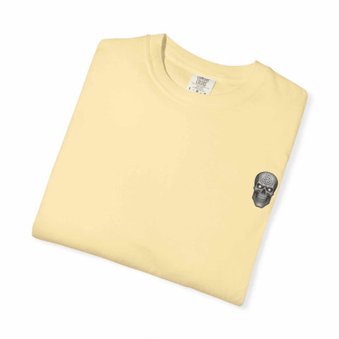 Unisex cream tee with small skull graphic and killer cocktails design theme