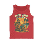 Men's red tank top with "Even Gods Need a Break" graphic featuring a relaxed man with sunglasses and palm trees at sunset