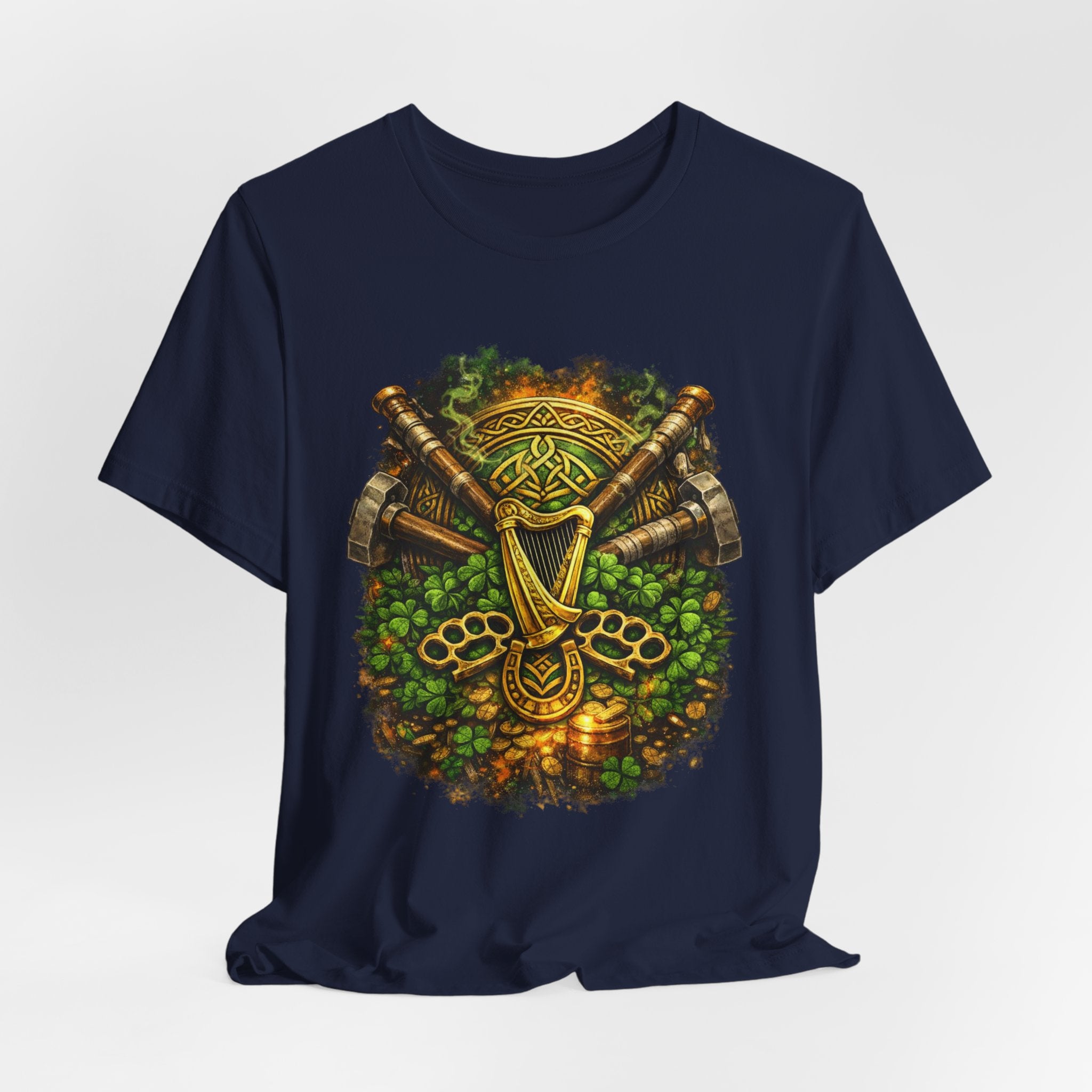Celtic Harp & Axes T-Shirt — Irish Viking Shamrock Design