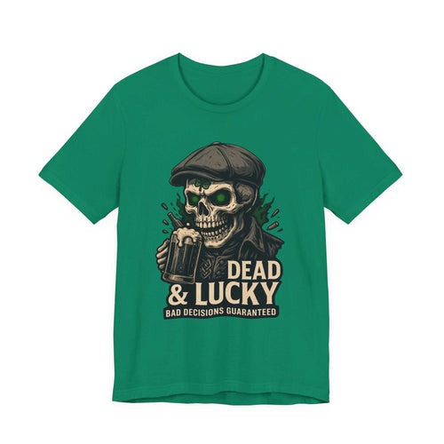 Dead & Lucky Skull Tee with grinning skull and frothy mug graphic on lightweight cotton t-shirt