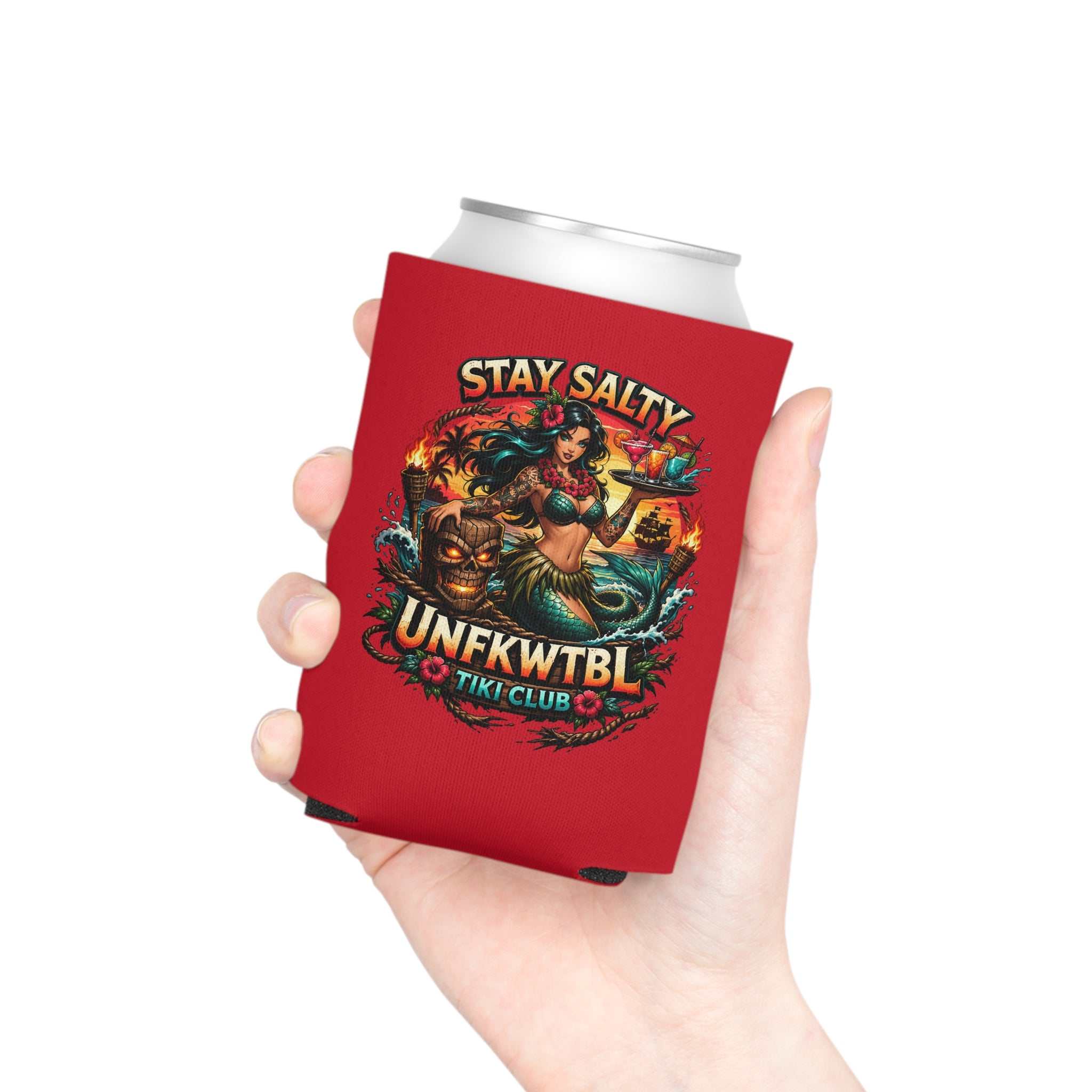Stay Salty Tiki Can Cooler — "Stay Cold, Remain UNFKWTBL" Retro Beach Beer Koozie