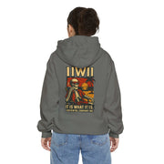 Unisex garment-dyed hoodie with skeleton and sunset graphic, 80% ringspun cotton, relaxed fit, heavy fabric, back view.
