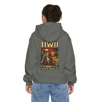 Unisex garment-dyed hoodie with skeleton and sunset graphic, 80% ringspun cotton, relaxed fit, heavy fabric, back view.