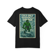 Black Savage Spirit Graphic T-Shirt with vintage-style green monster and "Cold Only Sharpens the Savage" text design