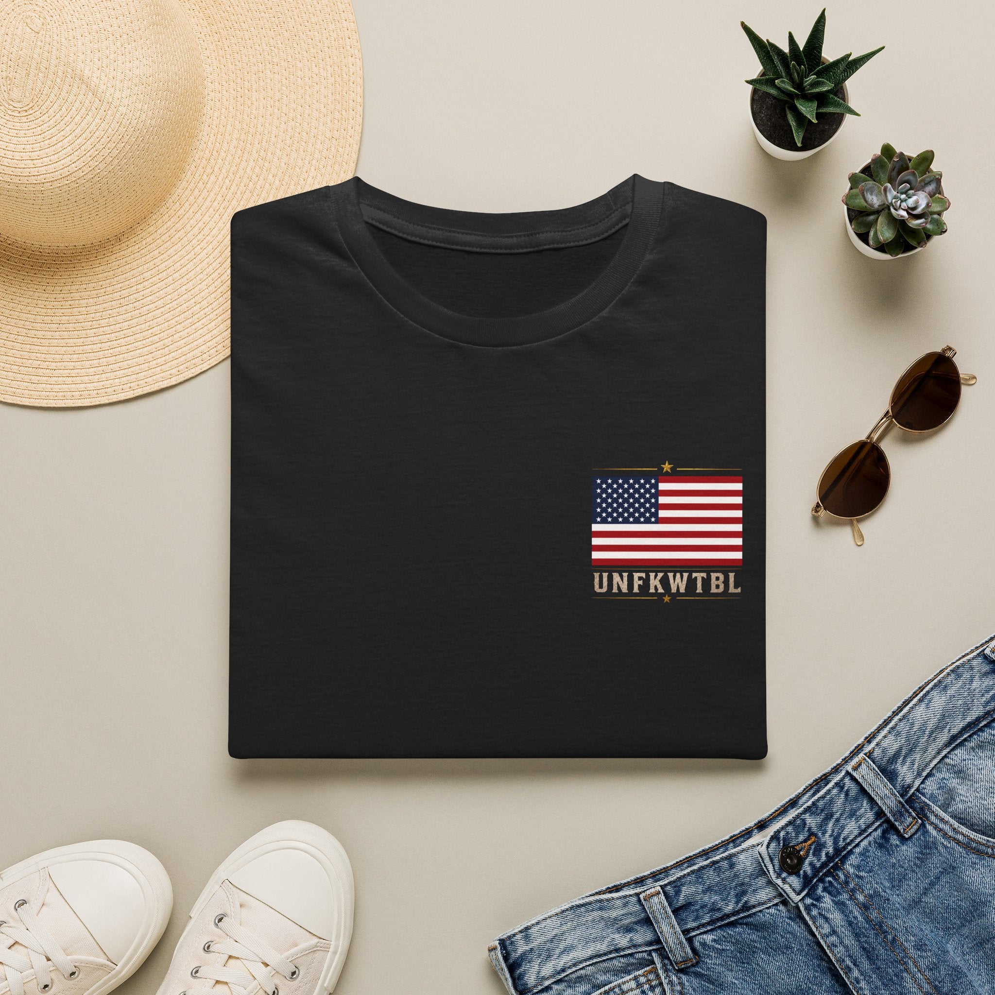 American Flag Pocket Tee — 'UNFKWTBL' Patriotic Graphic T-Shirt