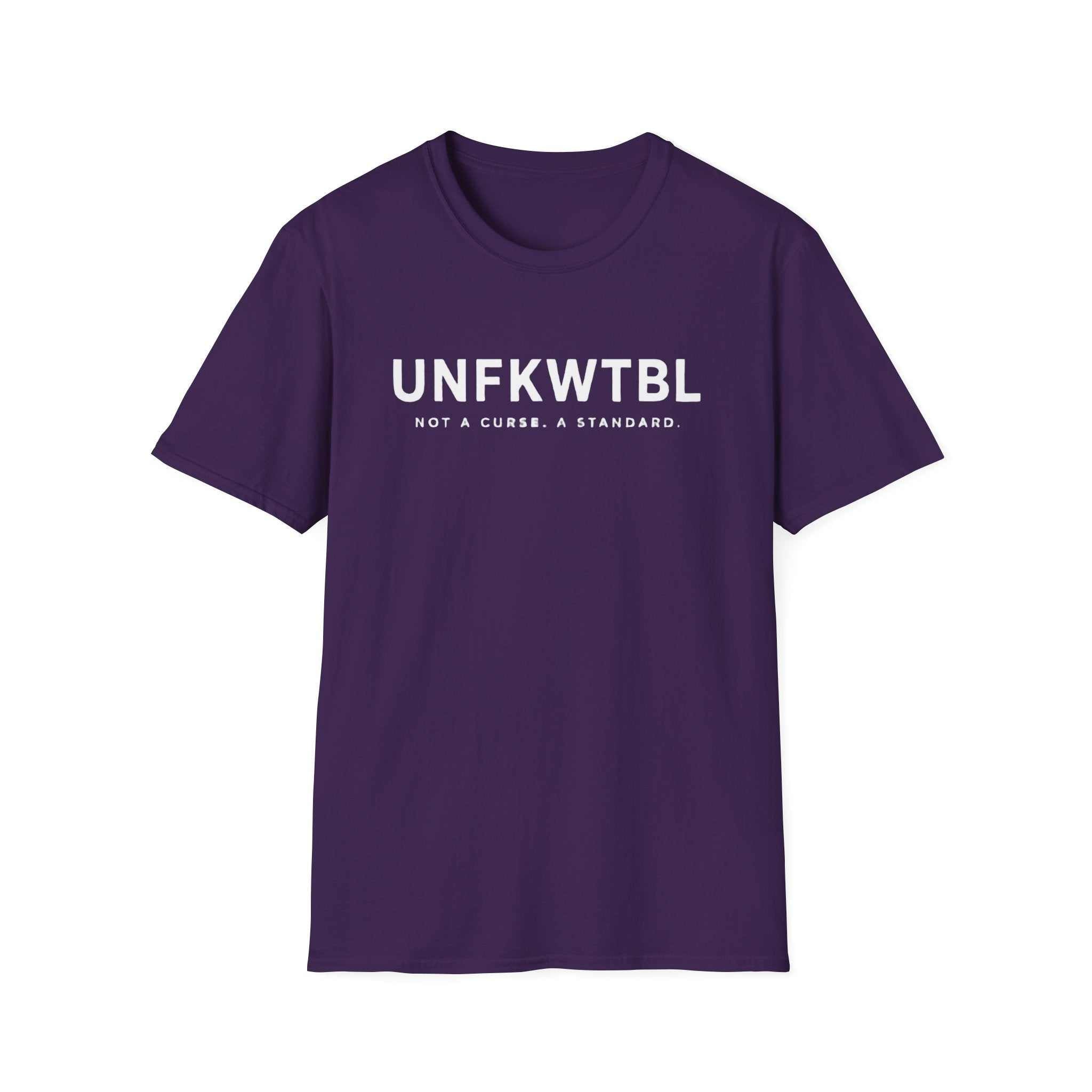 UNFKWTBL Not A Curse minimalist statement tee in white with bold chest print and ribbed collar