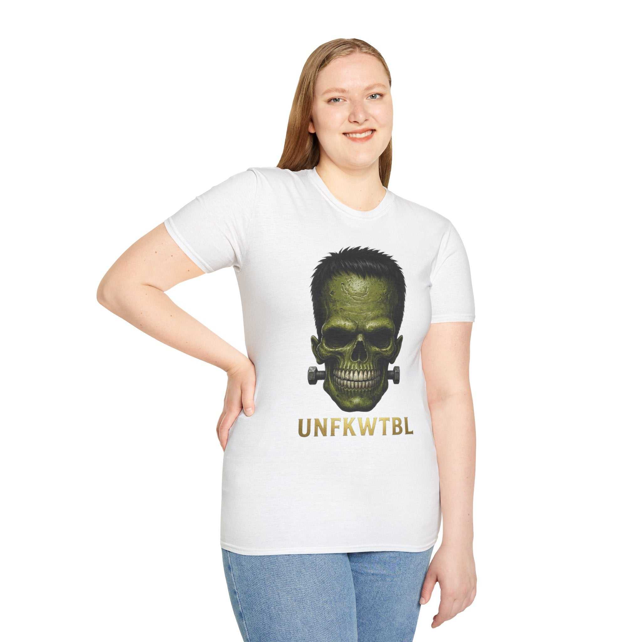 Frankenstein Skull T-Shirt — Green Horror Graphic Tee with 'UNFKWTBL'