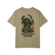 Beige graphic tee with Grim Reaper Hulk mashup design and "From the Grave I Smash" text on back