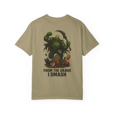 Beige graphic tee with Grim Reaper Hulk mashup design and "From the Grave I Smash" text on back