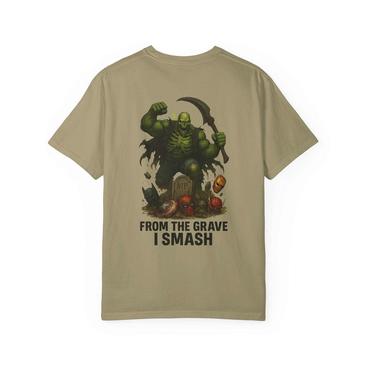Beige graphic tee with Grim Reaper Hulk mashup design and "From the Grave I Smash" text on back