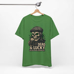 Dead & Lucky Skull Tee with grinning skull graphic and vintage flat cap design on lightweight breathable cotton