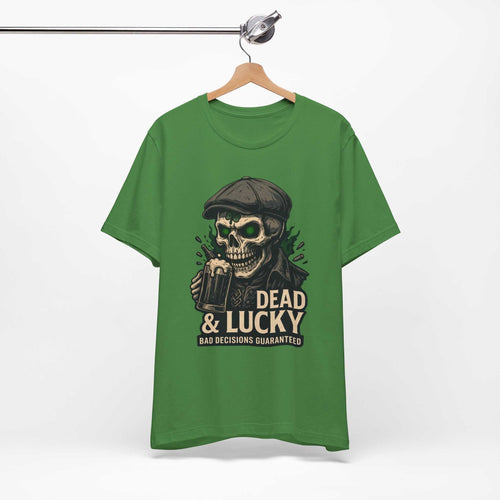 Dead & Lucky Skull Tee with grinning skull graphic and vintage flat cap design on lightweight breathable cotton